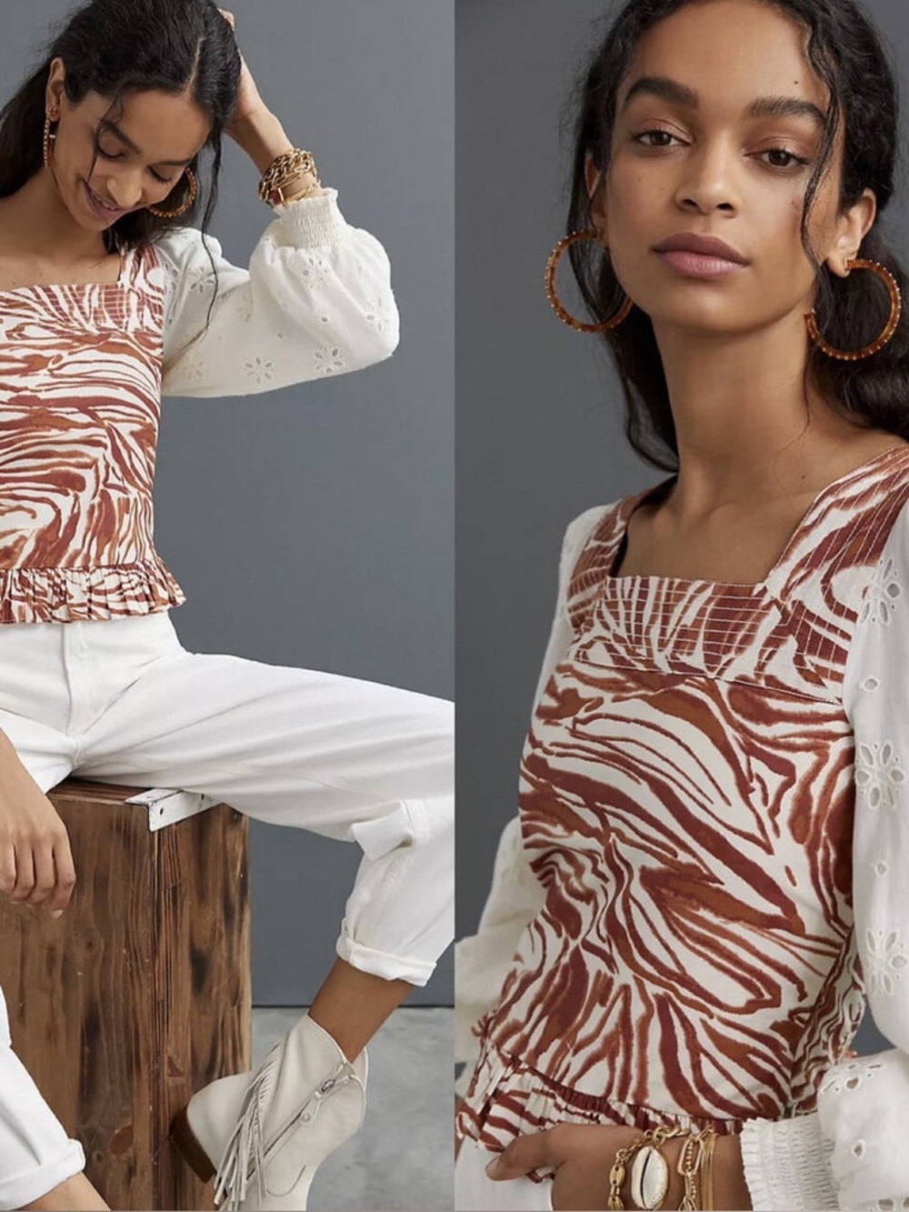 Anthropologie Love Label Smocked Eyelet Puff Sleeve Blouse zebra animal pint